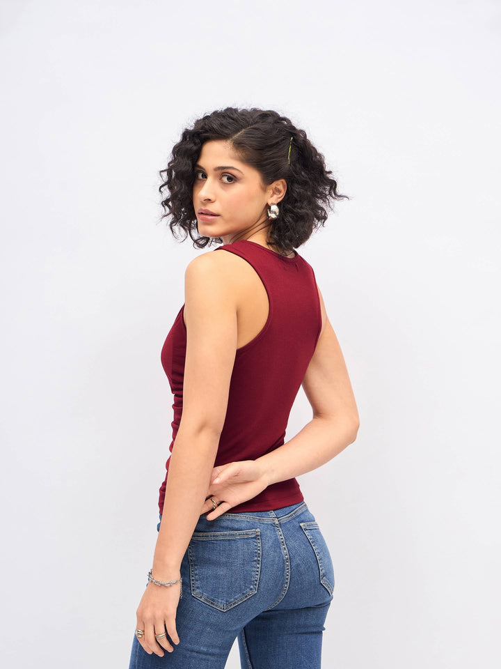 Women Maroon Box Back Front Ruched Top