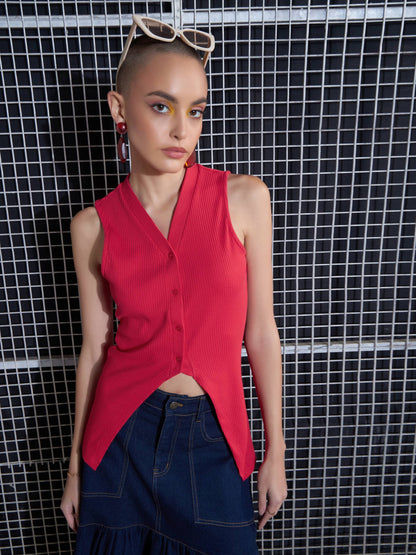 Red Rib Front Button Sleeveless Top