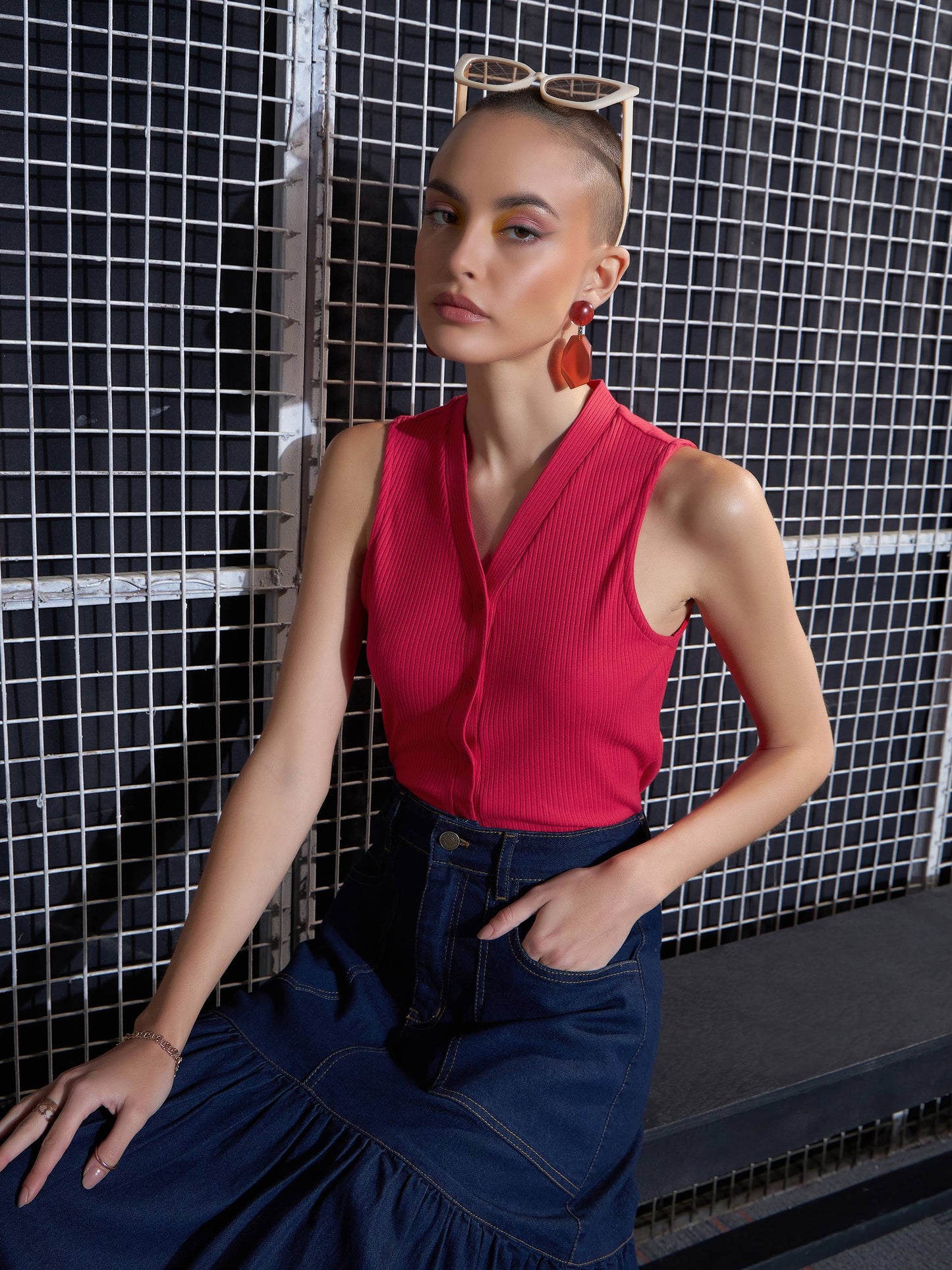 Red Rib Front Button Sleeveless Top