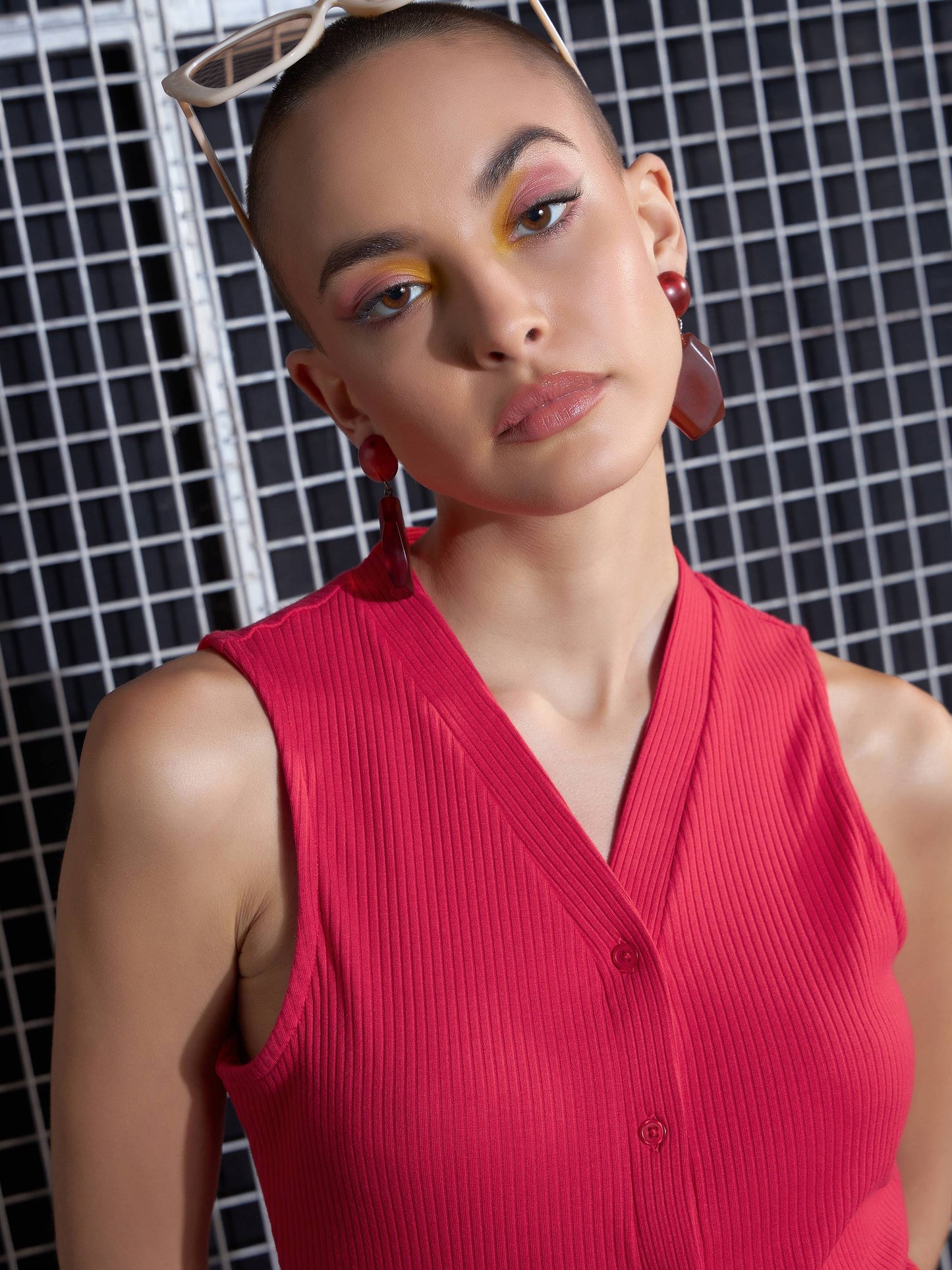 Red Rib Front Button Sleeveless Top