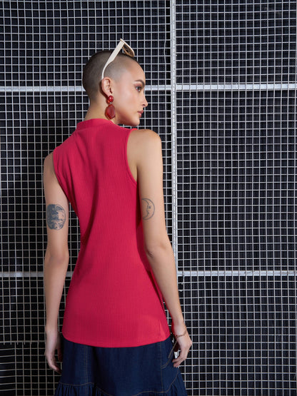 Red Rib Front Button Sleeveless Top