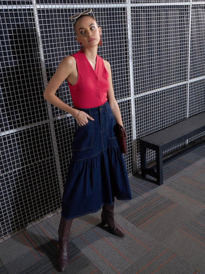 Red Rib Front Button Sleeveless Top