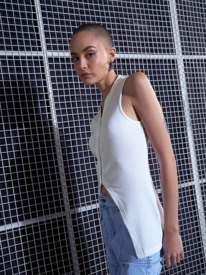 White Rib Front Button Sleeveless Top