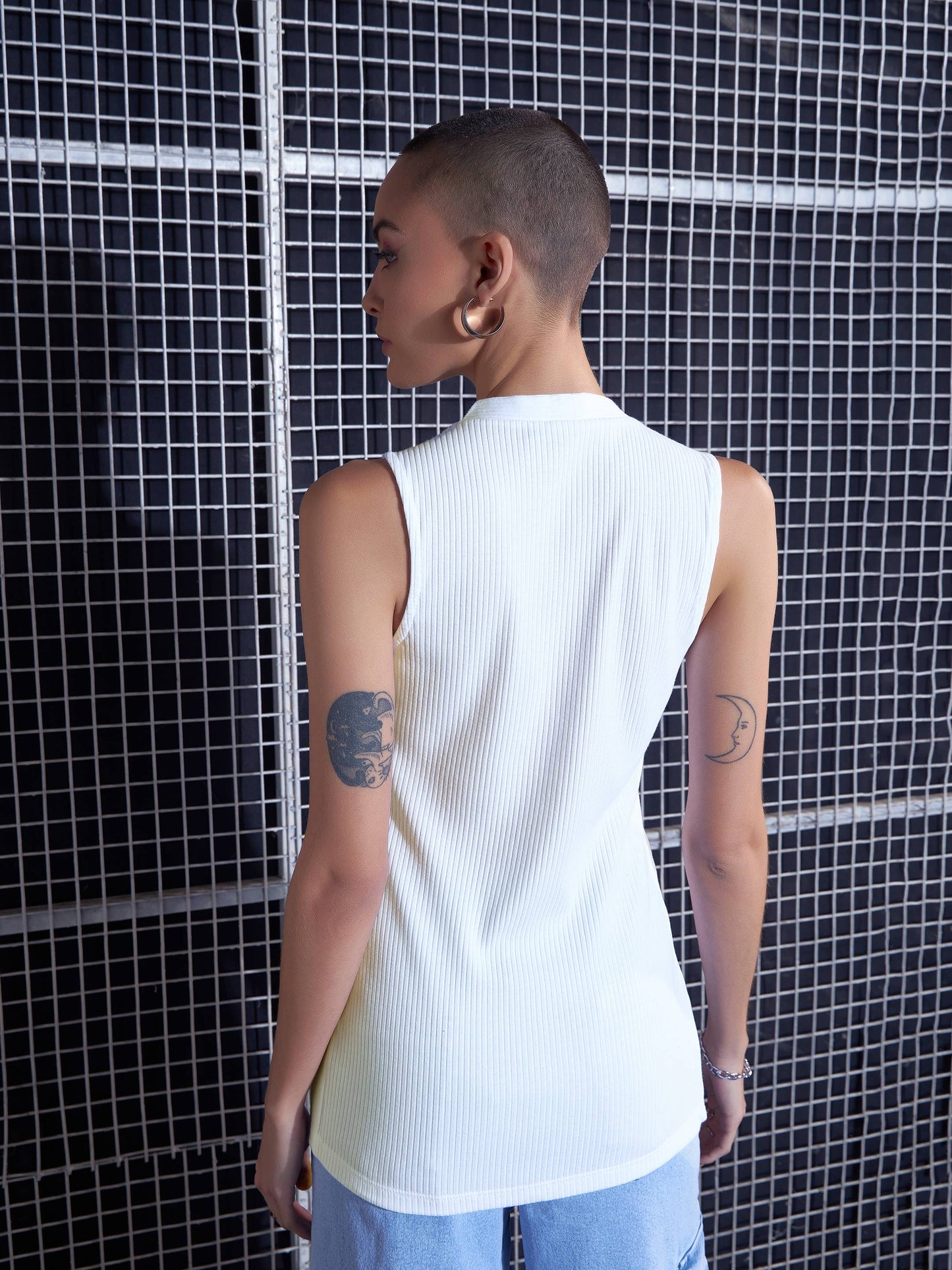 White Rib Front Button Sleeveless Top