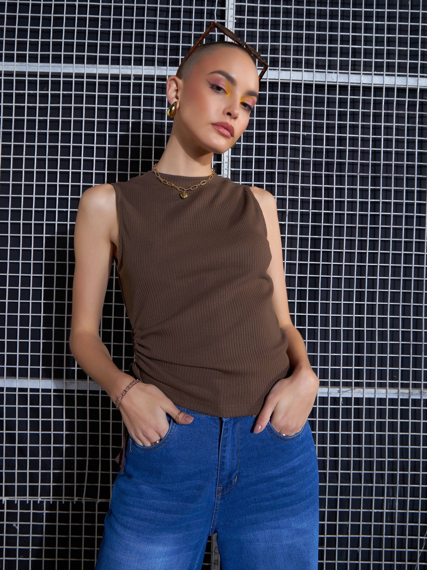 Brown Rib Side Ruched Crop Top