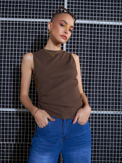 Brown Rib Side Ruched Crop Top