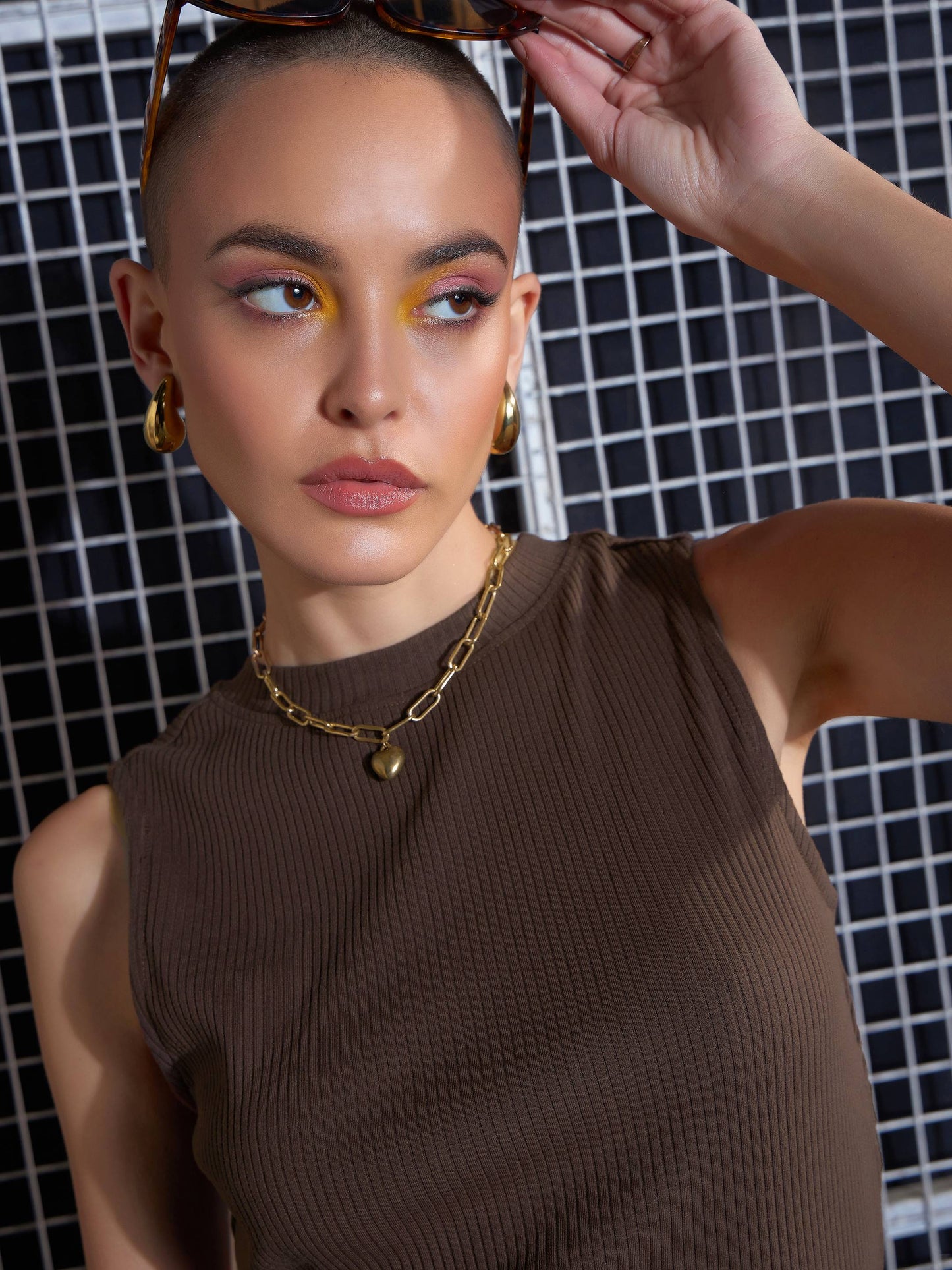 Brown Rib Side Ruched Crop Top