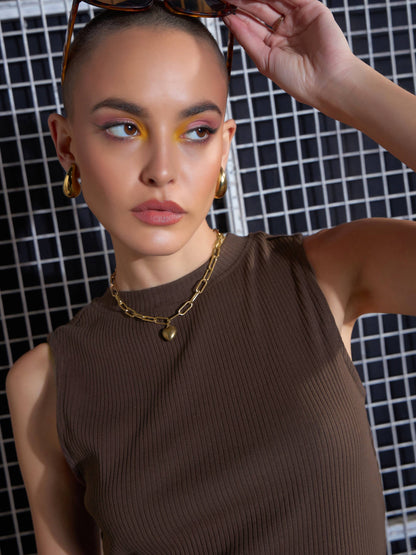 Brown Rib Side Ruched Crop Top