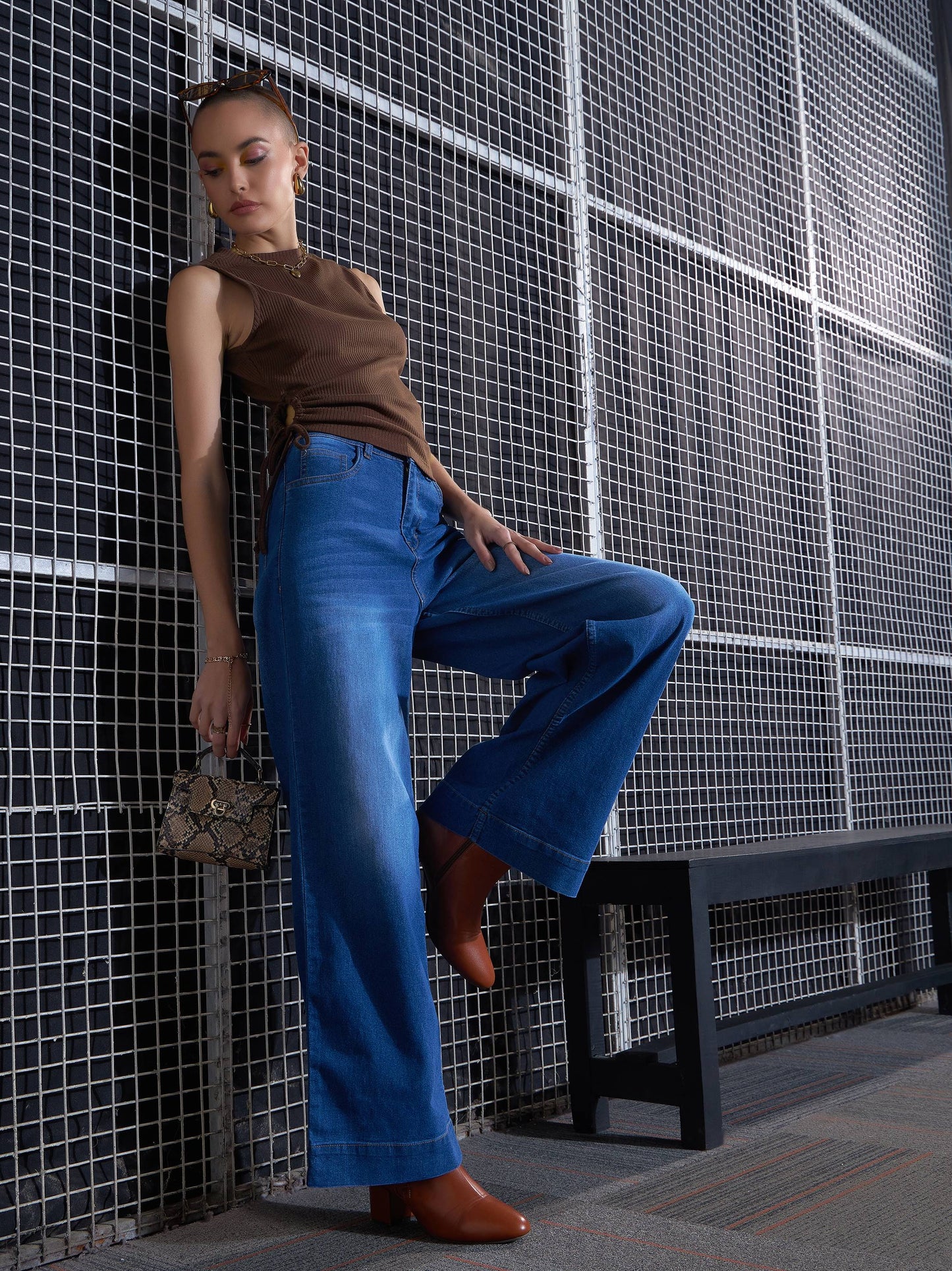 Brown Rib Side Ruched Crop Top