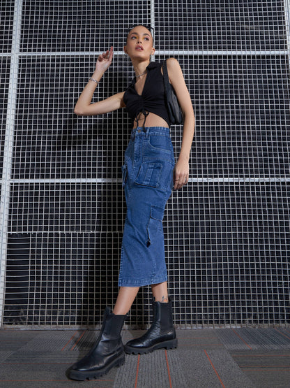 Women Black Rib Front Roached Tank Top