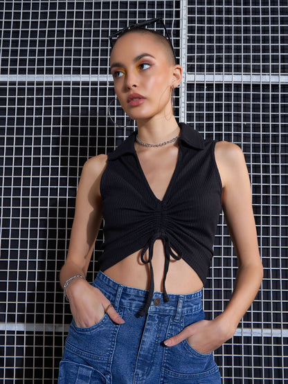 Women Black Rib Front Roached Tank Top