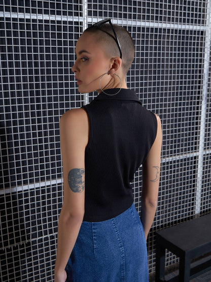 Women Black Rib Front Roached Tank Top