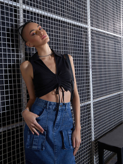 Women Black Rib Front Roached Tank Top