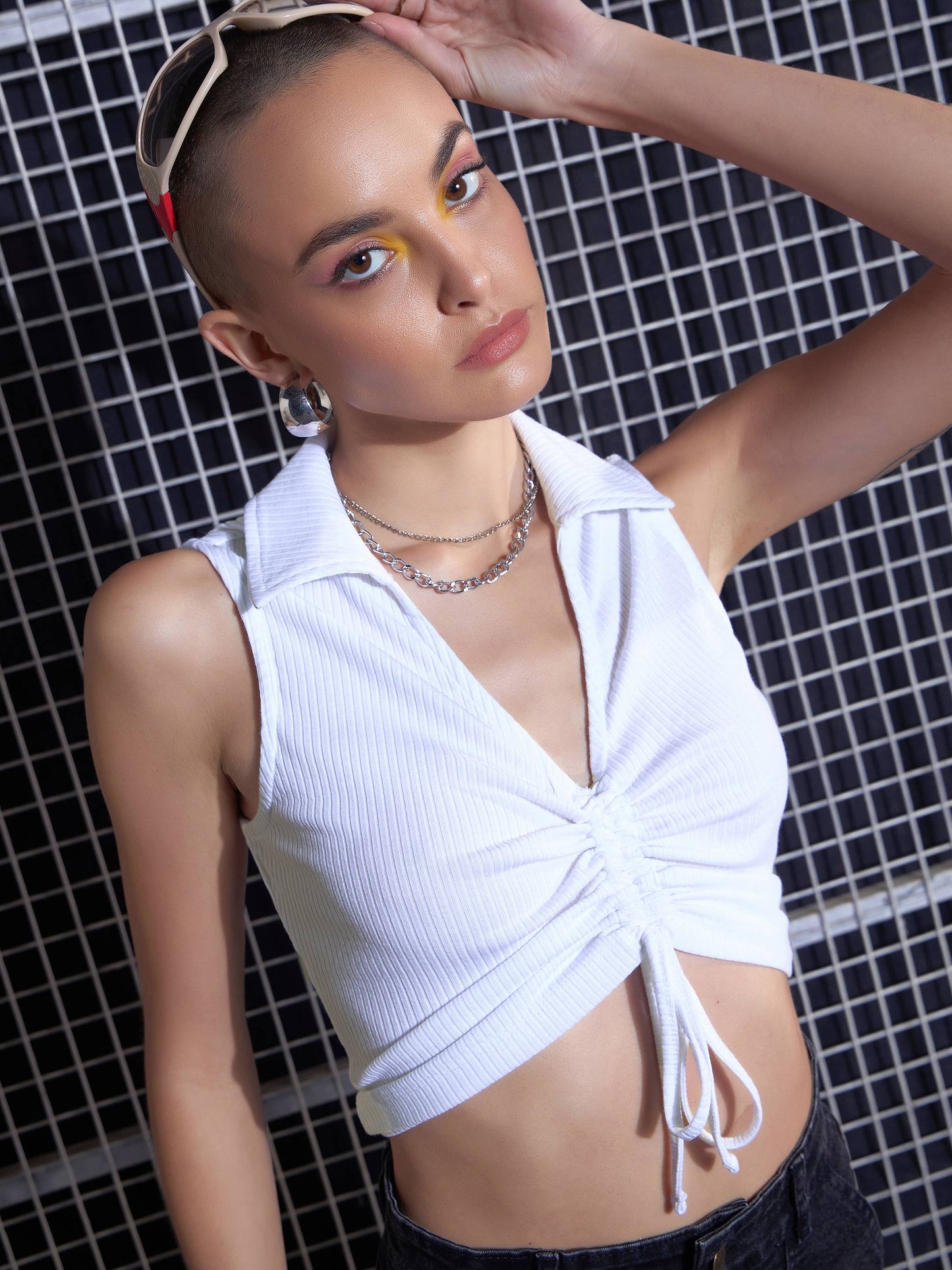 Women White Rib Front Roached Tank Top