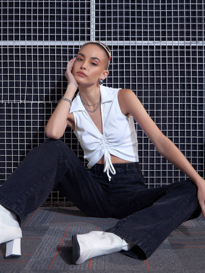 Women White Rib Front Roached Tank Top