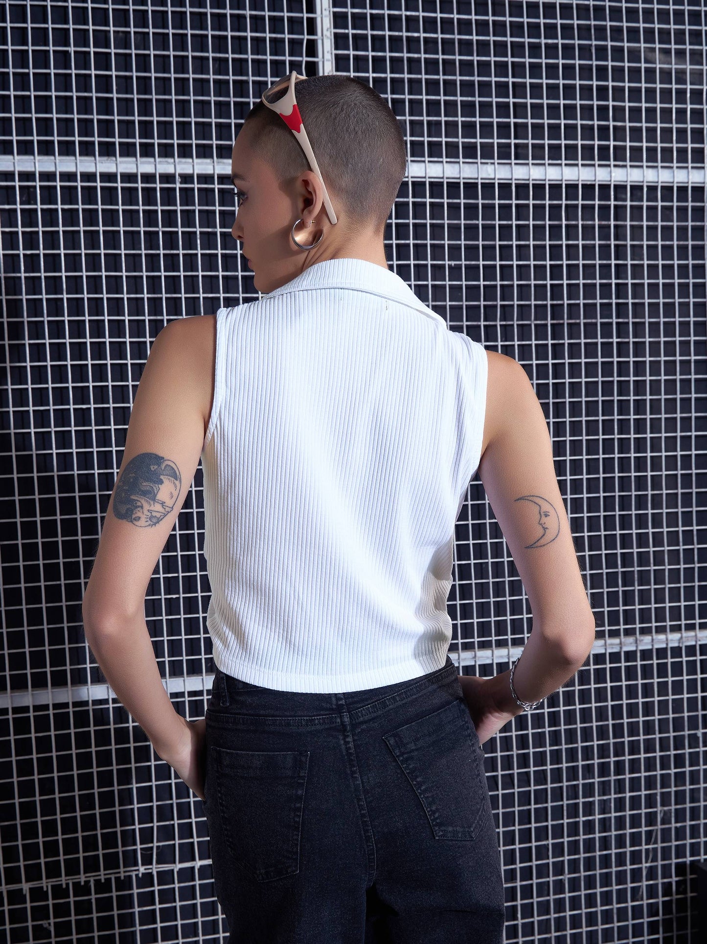 Women White Rib Front Roached Tank Top