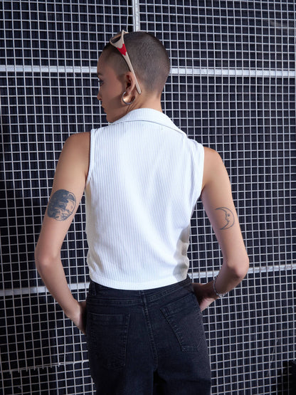 Women White Rib Front Roached Tank Top