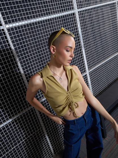 Women Khaki Rib Front Roached Tank Top