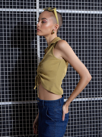 Women Khaki Rib Front Roached Tank Top