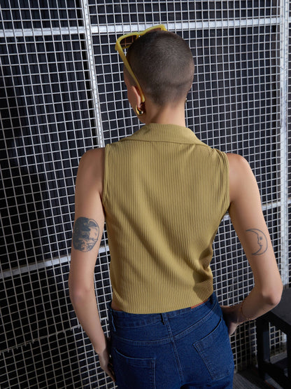 Women Khaki Rib Front Roached Tank Top