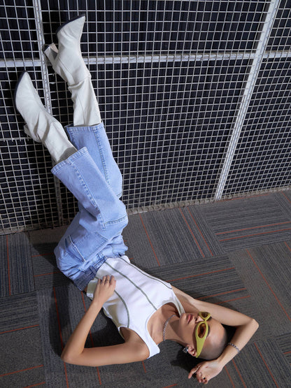 Women White Rib Contrast Stitch Crop Top