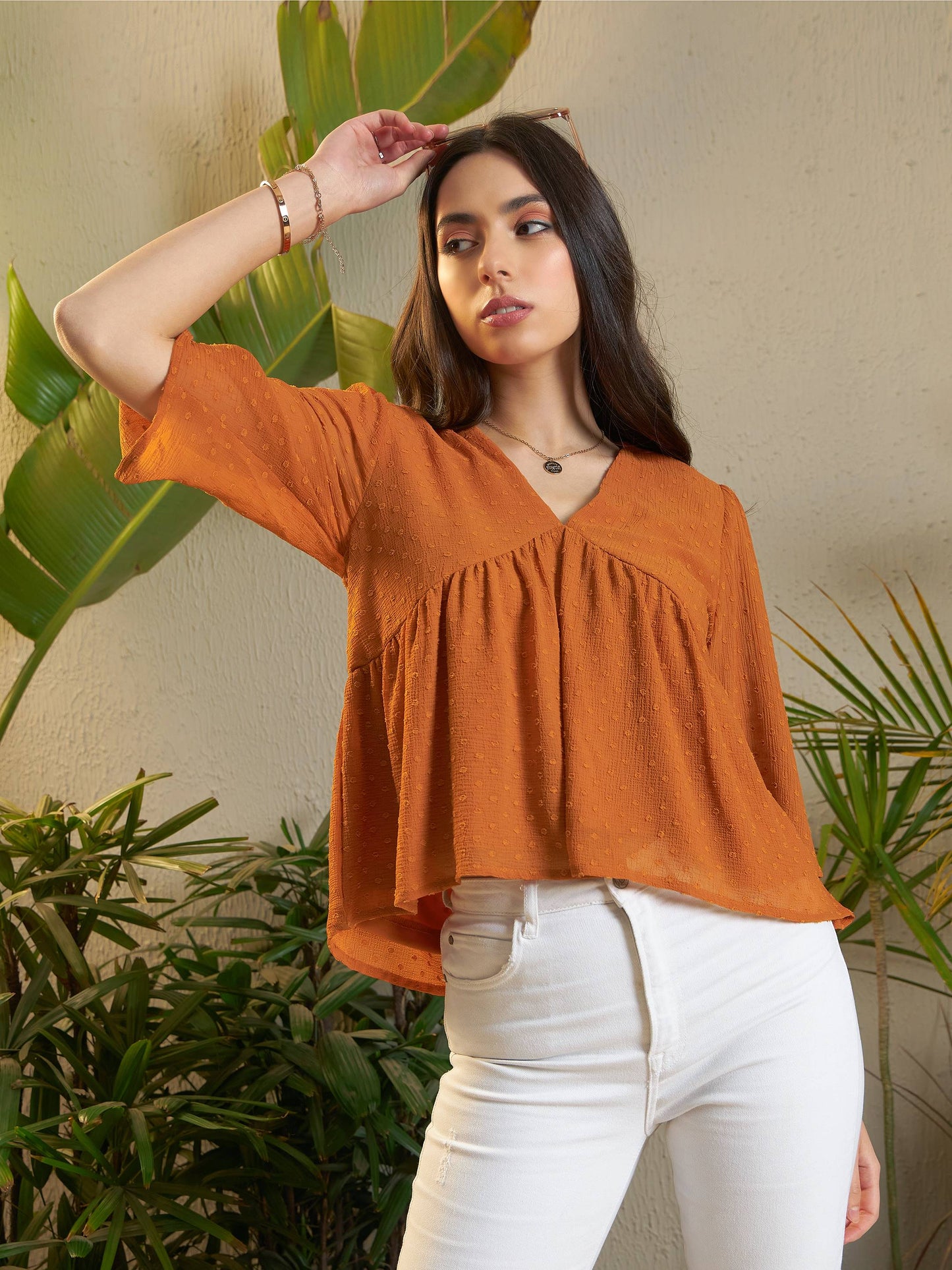 Rust Dobby V-Neck Peplum Top