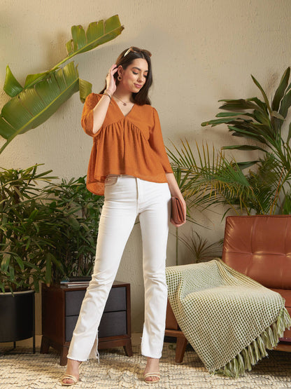 Rust Dobby V-Neck Peplum Top