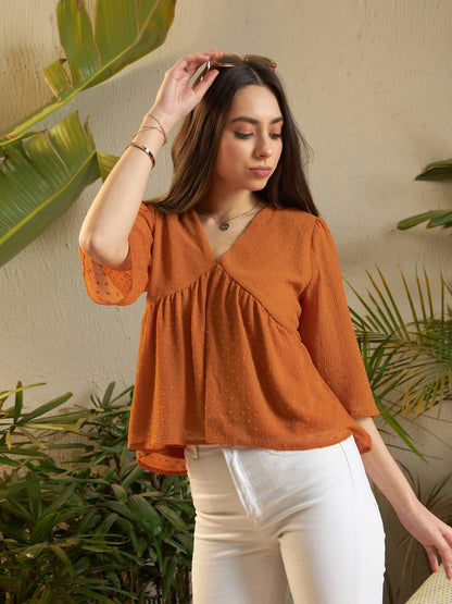 Rust Dobby V-Neck Peplum Top