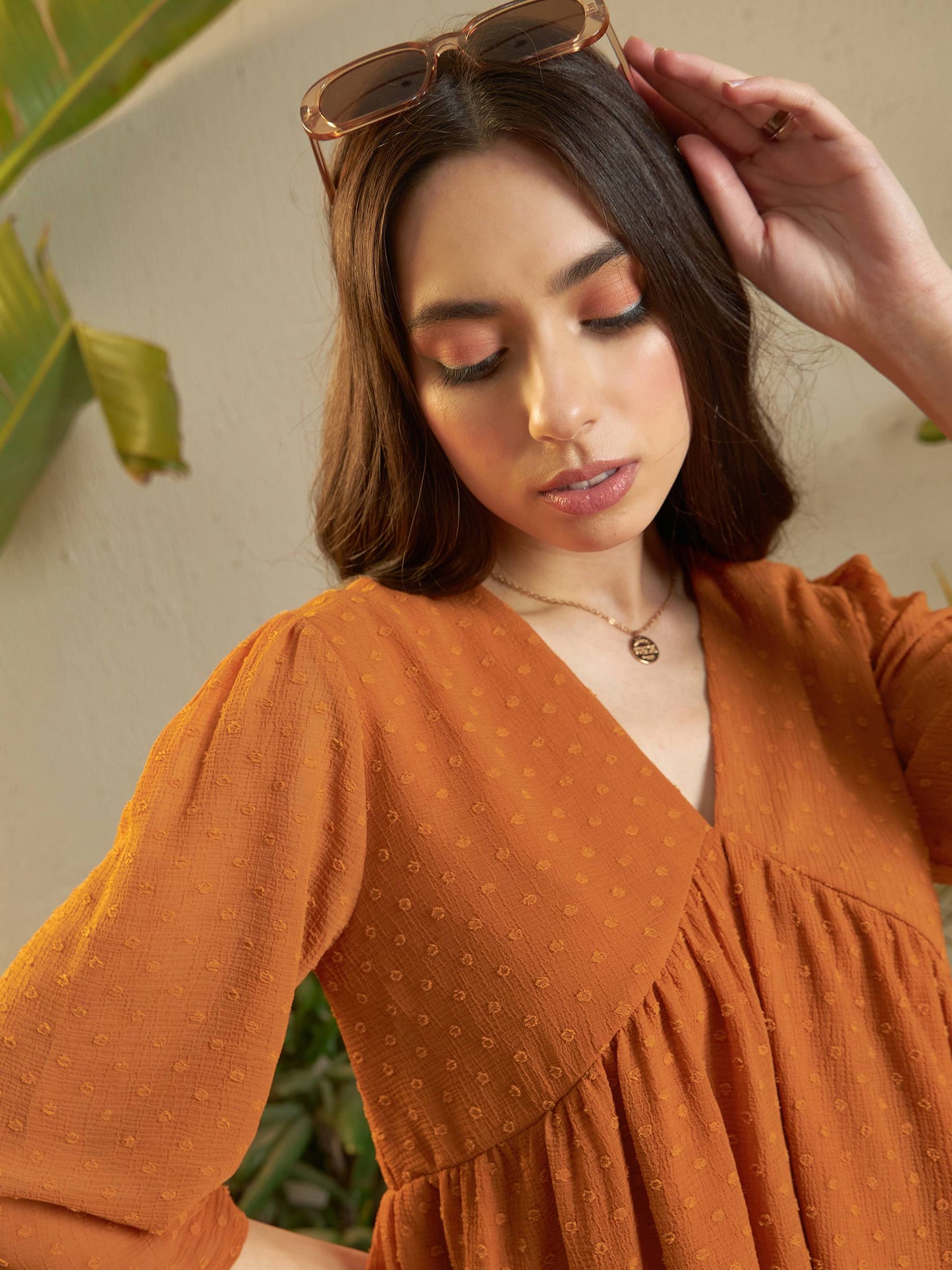 Rust Dobby V-Neck Peplum Top
