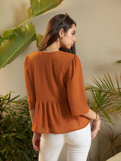 Rust Dobby V-Neck Peplum Top