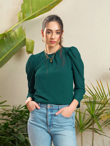 Teal Dobby Puff Sleeves Regular Top