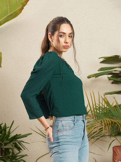 Teal Dobby Puff Sleeves Regular Top