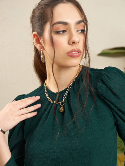 Teal Dobby Puff Sleeves Regular Top