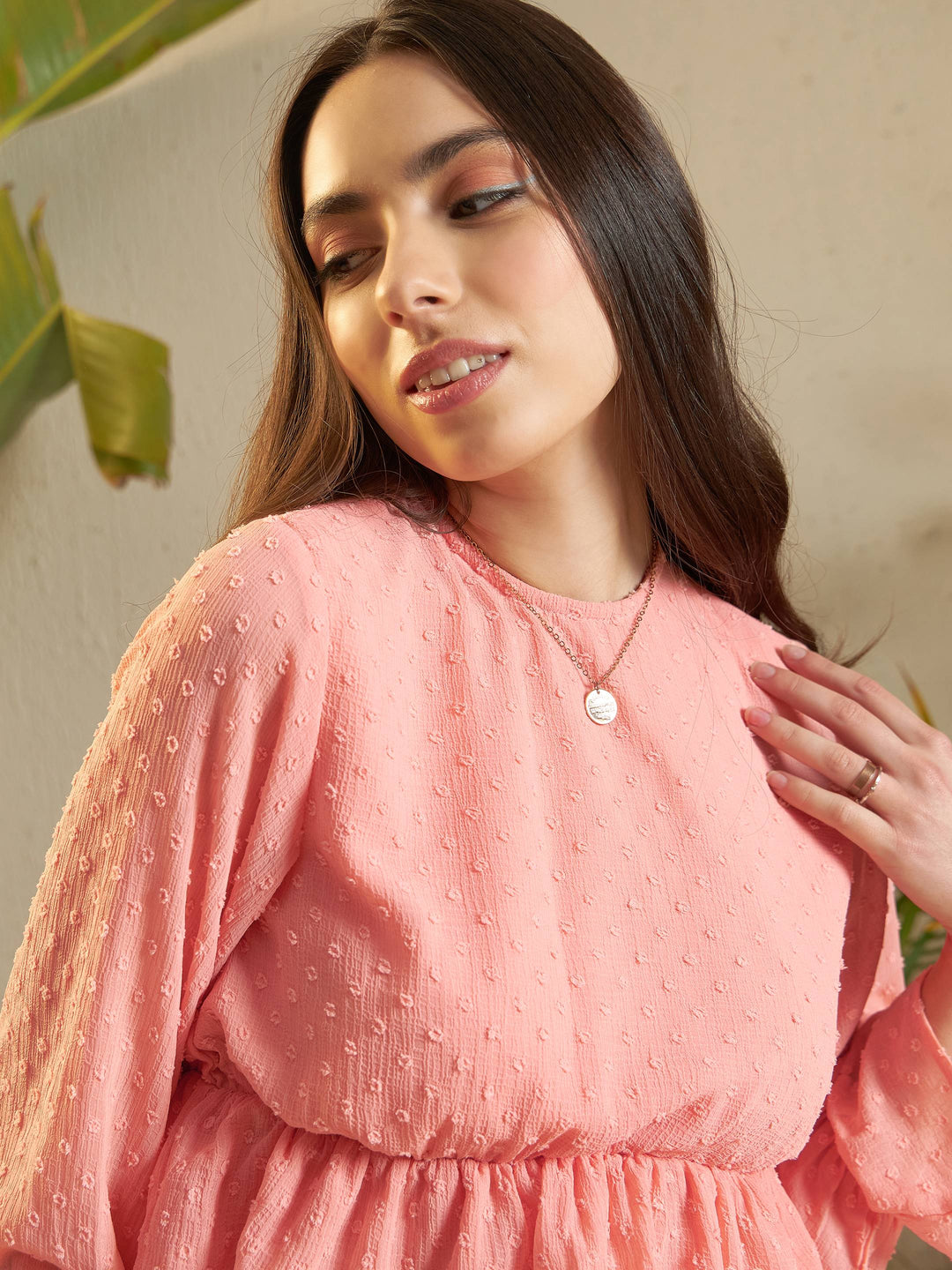 Women Peach Dobby Layered Hem Peplum Top