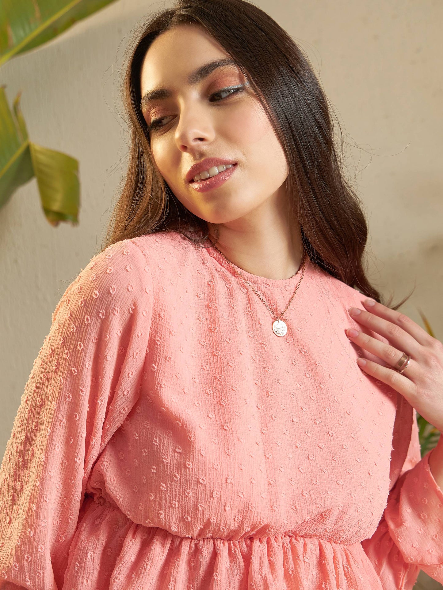 Women Peach Dobby Layered Hem Peplum Top