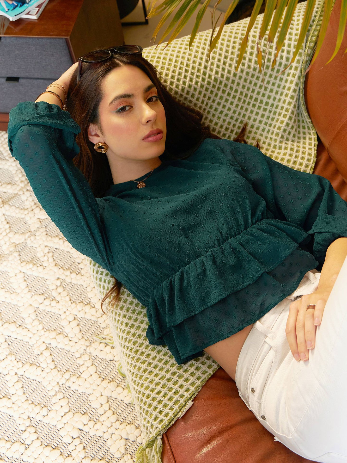 Women Teal Dobby Layered Hem Peplum Top