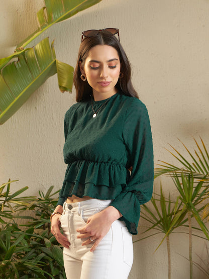 Women Teal Dobby Layered Hem Peplum Top