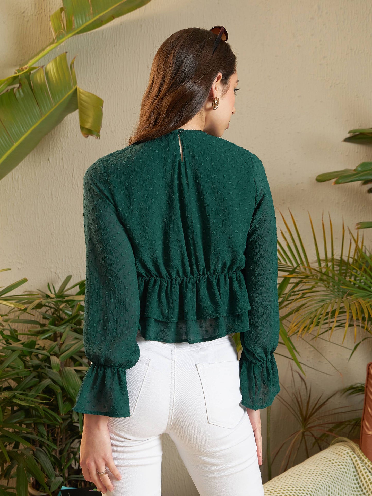 Women Teal Dobby Layered Hem Peplum Top