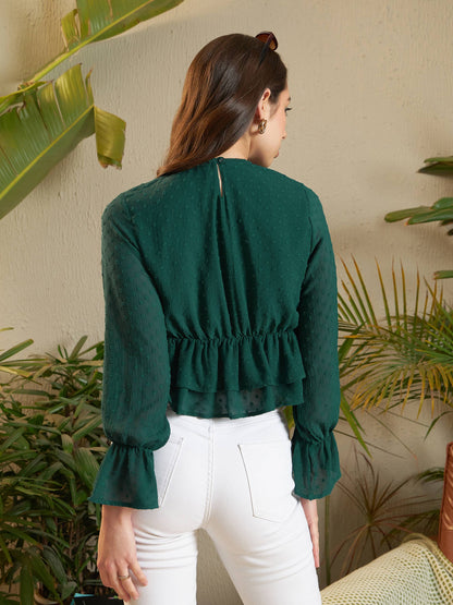 Women Teal Dobby Layered Hem Peplum Top