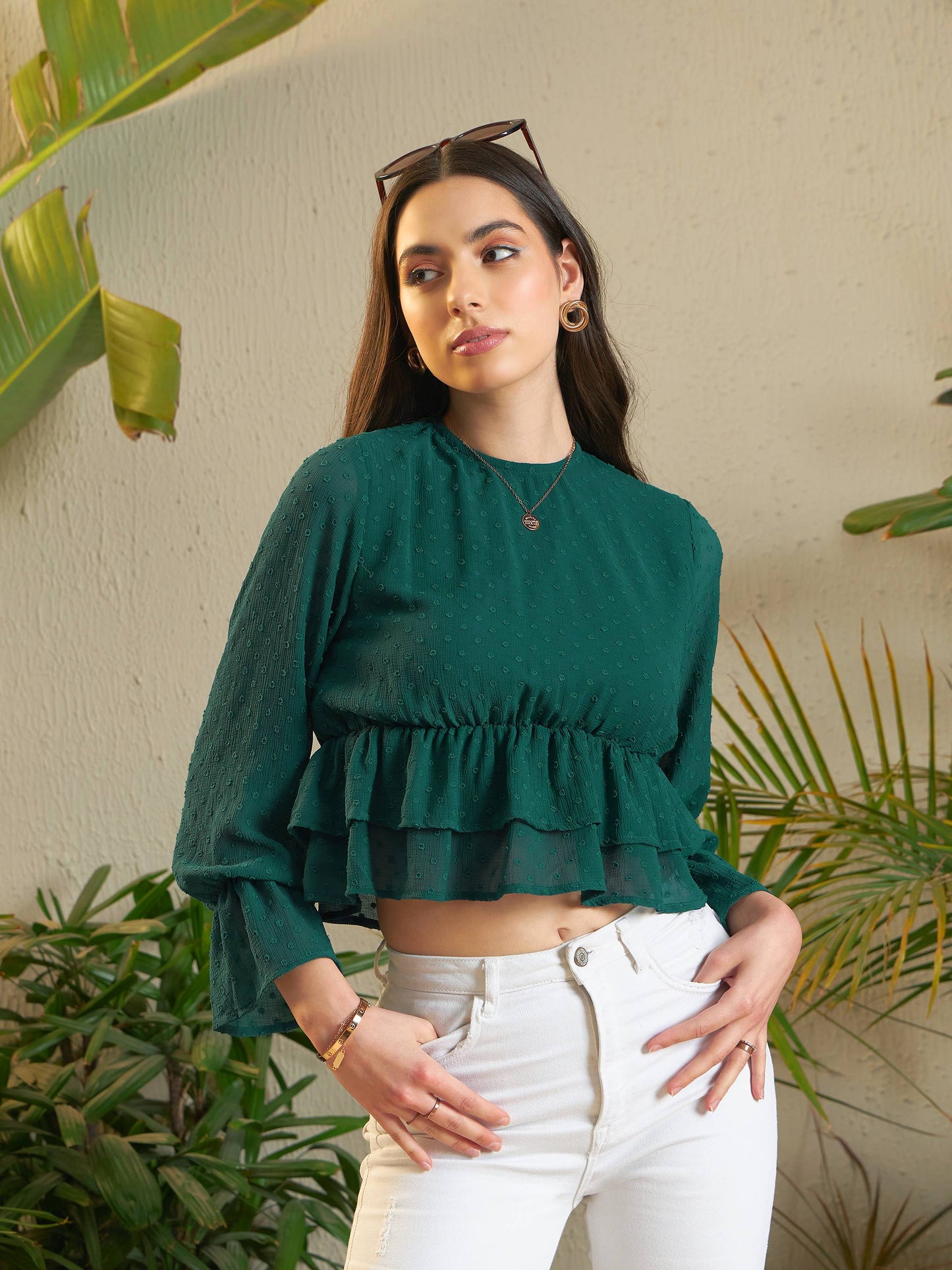 Women Teal Dobby Layered Hem Peplum Top