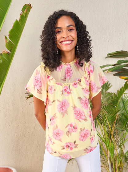 Women Yellow Floral Frill Neck Top