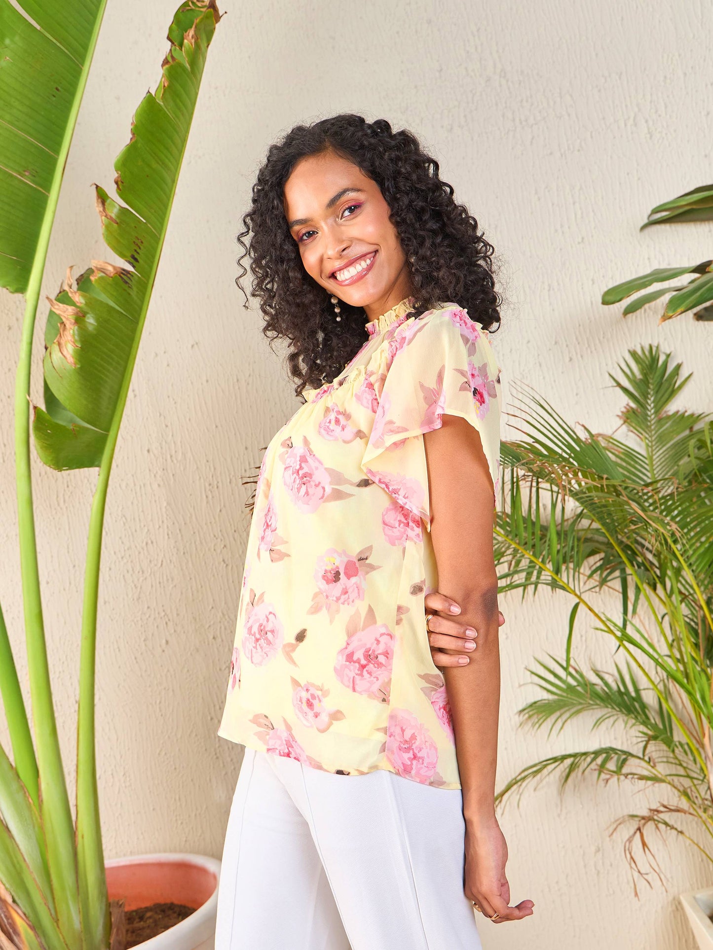 Women Yellow Floral Frill Neck Top