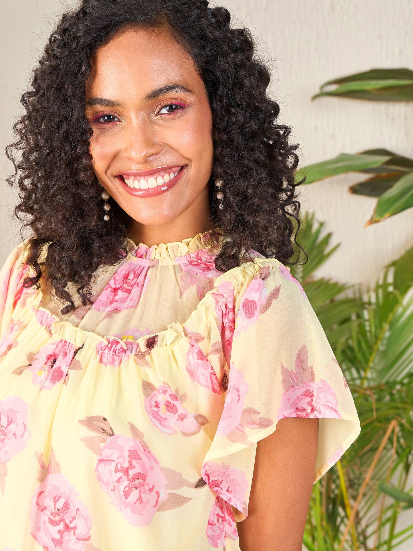 Women Yellow Floral Frill Neck Top