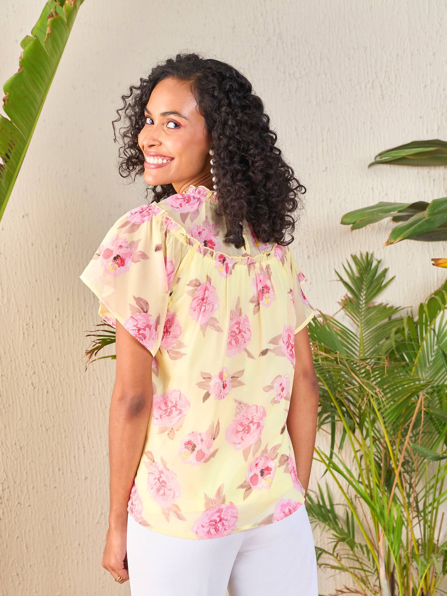 Women Yellow Floral Frill Neck Top