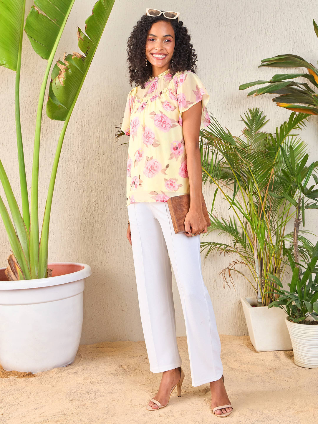 Women Yellow Floral Frill Neck Top