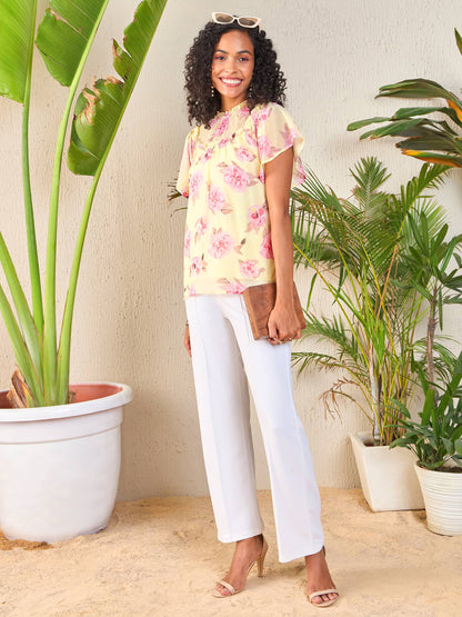 Women Yellow Floral Frill Neck Top