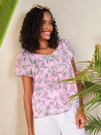 Pink Floral Sweetheart Neck Flared Sleeve Top