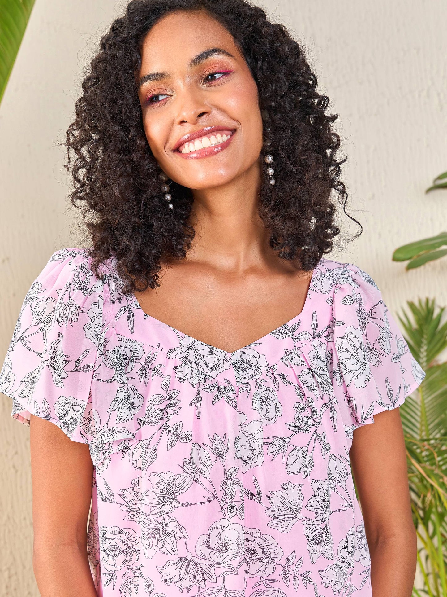Pink Floral Sweetheart Neck Flared Sleeve Top
