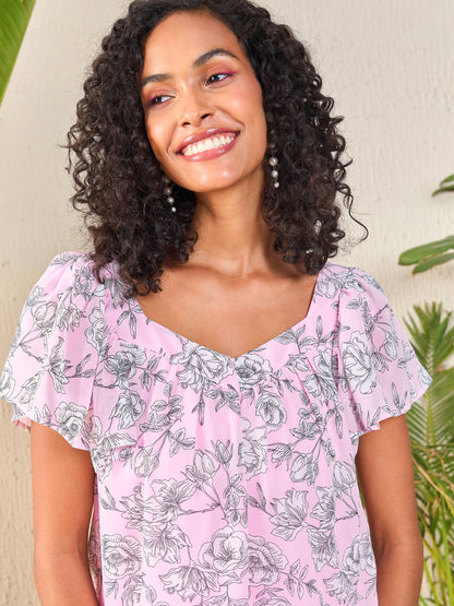 Pink Floral Sweetheart Neck Flared Sleeve Top