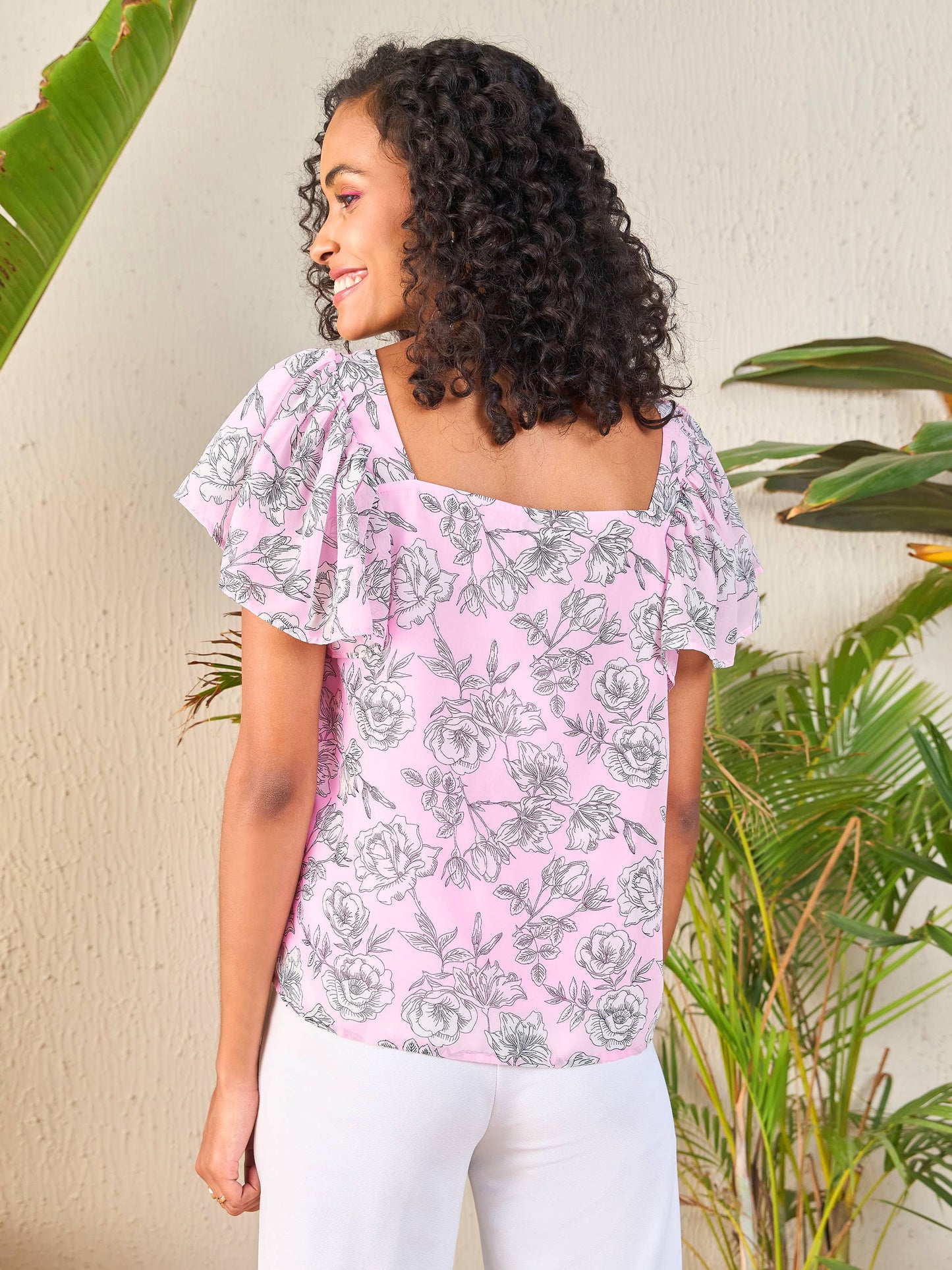 Pink Floral Sweetheart Neck Flared Sleeve Top